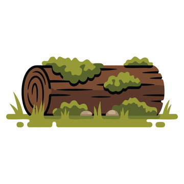Cartoon swamp moss growing on wood trunk with rainy forest lichen plants on wooden log in flat vector illustration for nature themes