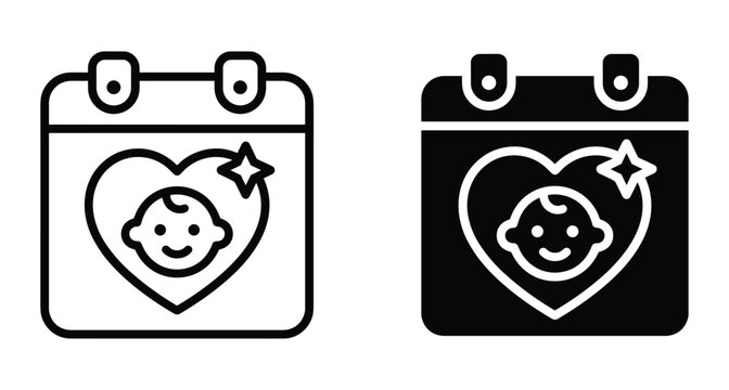 Baby birth date calendar icon set with heart and infant face for pregnancy tracking newborn celebration and shower event planning