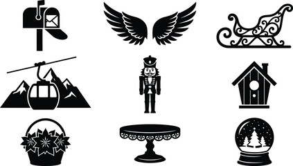 Naklejka premium Christmas graphic icon set with black silhouettes for festive holiday projects and winter crafts.