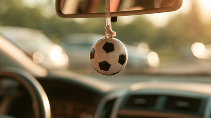 A small soccer ball hangs from the rearview mirror of a car during sunset. Perfect for automotive lifestyle themes and sports fan advertisements.