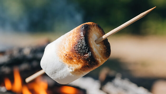 Perfectly toasted marshmallow on a wooden skewer over a campfire flame