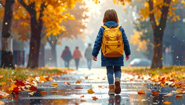 Child walking to school during autumn season
