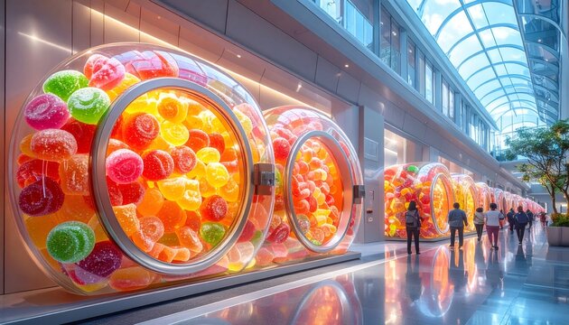 Colorful gummy candies creating sweet display in modern mall