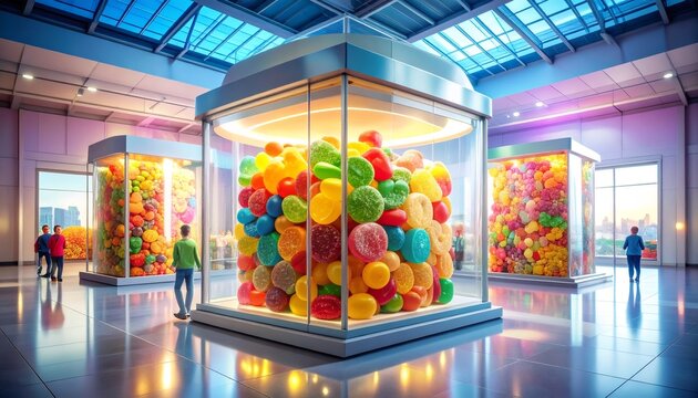 People viewing giant colorful gummy candy art installation