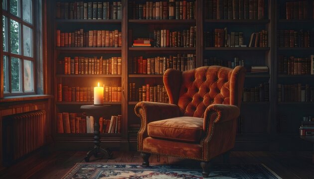 Cozy library corner with armchair, books, and candle light