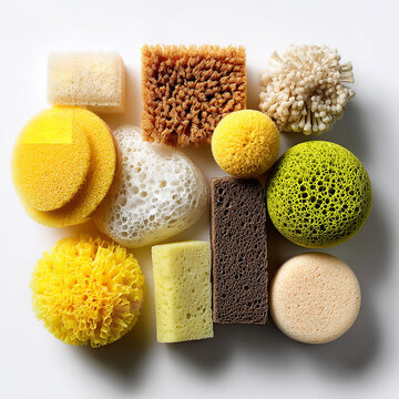 Flat Lay of Natural and Synthetic Cleaning Sponges in Various Geometric Shapes and Porous Textures on White Background