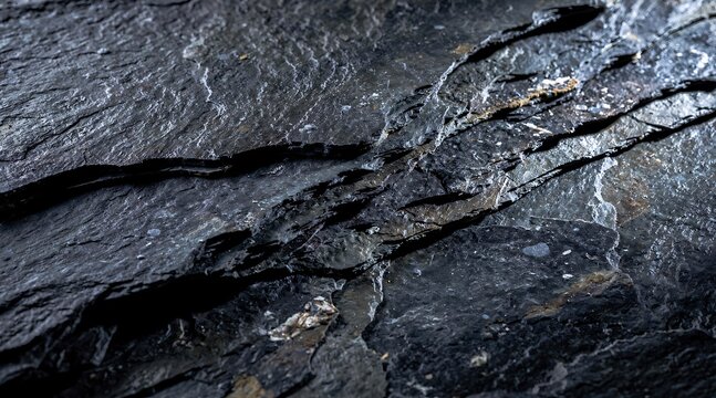 Close-up of wet dark slate rock texture with water flowing over cracks.