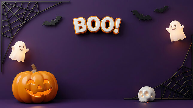 Happy halloween background with pumpkin ghost skull and boo text on dark purple backdrop