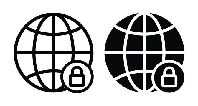 Global security icon set featuring world globe with padlock symbol representing internet safety data protection secure connection and web privacy