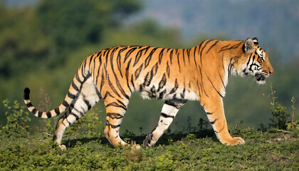 Obraz premium Full body side profile of a majestic Bengal tiger walking through a grassy field