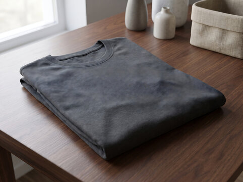 Folded dark grey tshirt resting on a clean wooden table surface transparent background