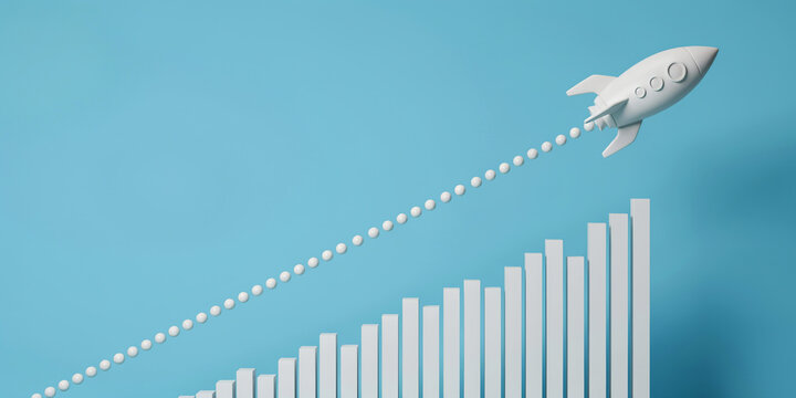 White rocket launching upwards from rising bar chart graph on light blue background. Successful business startup, financial growth, and market development concept.