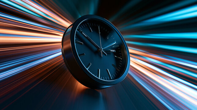 A modern black clock ticking against a background of dynamic glowing light streaks. This concept art illustrates the fast passage of time and high-speed motion.