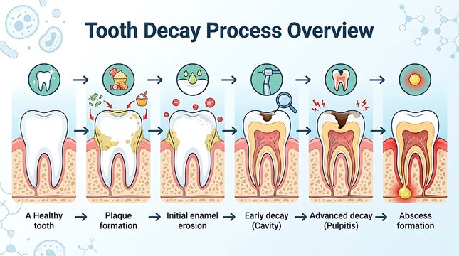 Medical infographic showing stages of tooth decay and abscess