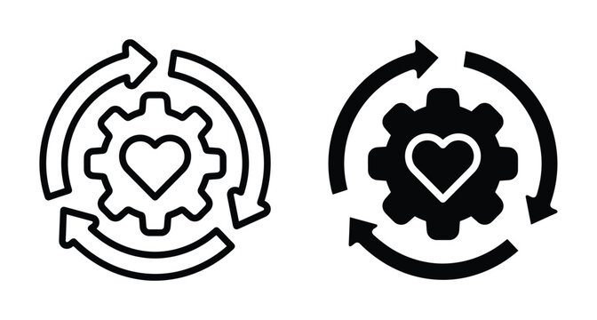 Heart gear icon set with circular arrows representing emotional intelligence maintenance system process cycle love engineering mechanical passion health care