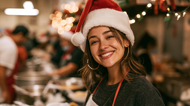 Woman volunteer in Santa hat in the kitchen, helping those in need, volunteering, charity