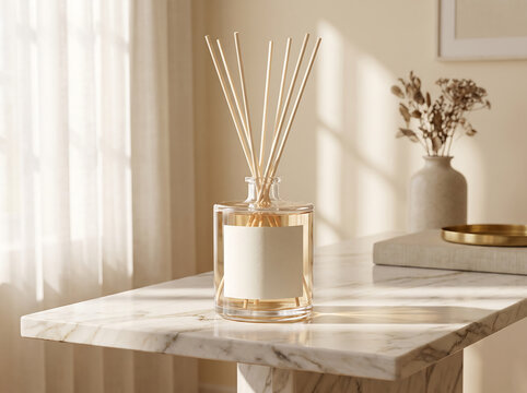 Glass reed diffuser bottle with a blank label standing on a white marble table in a bright interior transparent background