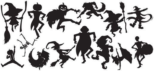 Fototapeta premium Halloween Silhouettes Witch Pumpkin Werewolf Ghost Skeleton Icons
