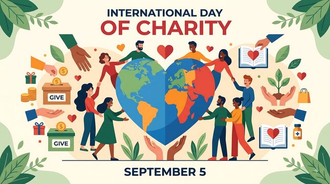 International Day of Charity Poster with Diverse Volunteers Helping World in Heart Shape
