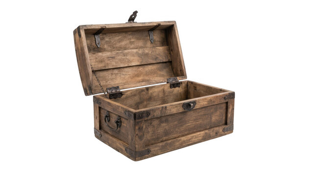 Old rustic wooden chest with metal hardware isolated on transparent background for adventure and vintage themes