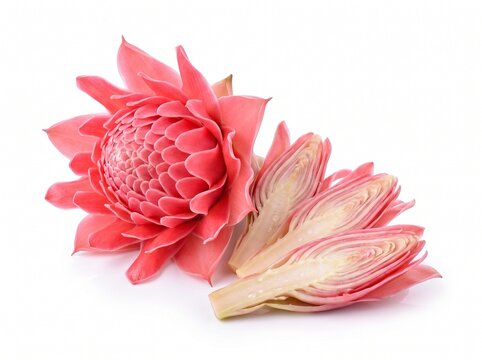 Fresh torch ginger flower also known as bunga kantan or Etlingera elatior with cross section slices isolated on a clean white background for culinary use