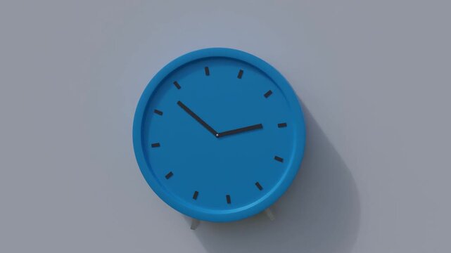 Blue wall clock animation with spinning hands on grey background