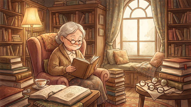 Smiling Senior Woman Enjoying Reading a Book in a Vintage Retro Style