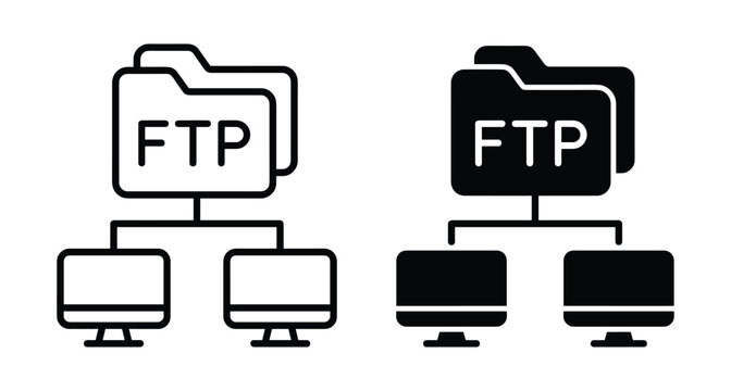 FTP file transfer protocol icon set showing folder connected to computer monitors for network data sharing server storage and communication