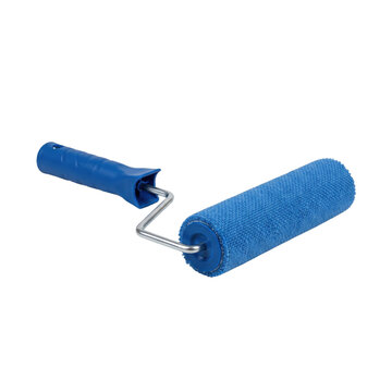 Blue paint roller with metal frame and plastic handle on a white background