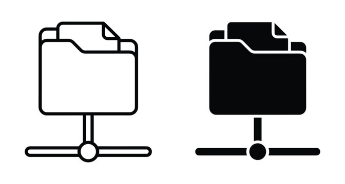 Shared network folder icon set with outline and solid glyph styles for data storage server file management and cloud computing