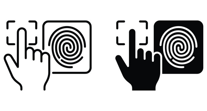 Fingerprint scanning icon set with hand touching biometric sensor for digital security verification and identity authentication in outline and solid styles