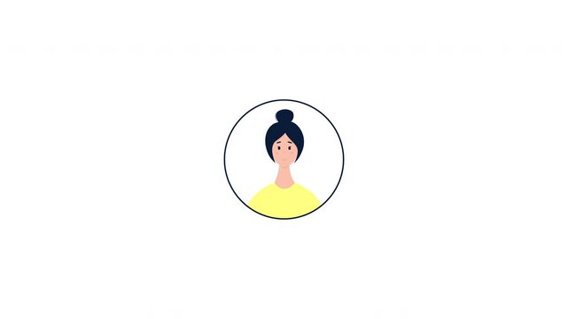 Stylized female avatar centered within a thin circular frame. The character has dark hair neatly tied in a bun, simple facial features, and wears a bright yellow top. 4K Video motion graphic