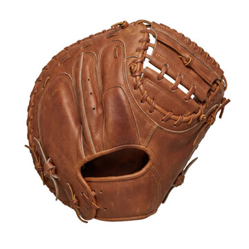 Close-up of a vintage baseball catcher's mitt on a white background