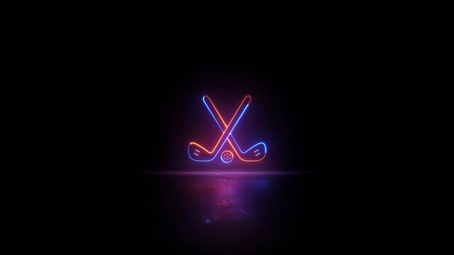 Neon glowing golf sports icon sign video animation. Neon glowing golf tournament with ball and stick sign motion animation. Neon lighting golf club equipment animation.