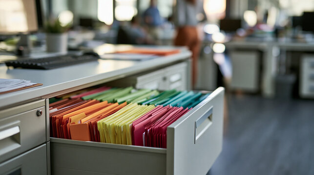 Open office file cabinet drawer filled with colorful folders in a modern workspace. Perfect for organization and administrative background concepts.