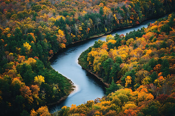 Fototapeta premium Aerial view of a winding river flowing through colorful autumn forest foliage