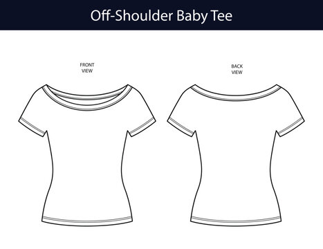 Off shoulder baby tee technical fashion illustration, womens jersey knit top with contrast neck binding, apparel design template with front and back views