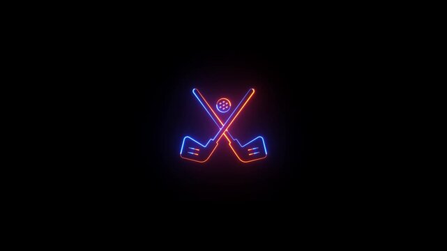 Neon glowing golf sports icon sign video animation. Neon glowing golf tournament with ball and stick sign motion animation. Neon lighting golf club equipment animation.