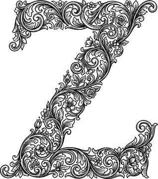 Decorative ornate letter Z with intricate swirl patterns isolated
