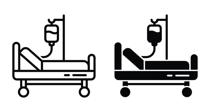 Hospital bed icon set with intravenous drip bag for medical treatment clinic patient care healthcare services and emergency room equipment