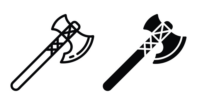 Viking battle axe icon set with outline and solid silhouette styles for medieval weapon design gaming and camping equipment graphics