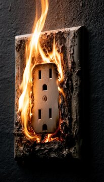 A close-up view of an electrical wall outlet engulfed in flames, showing signs of severe burning and potential electrical fire hazard.