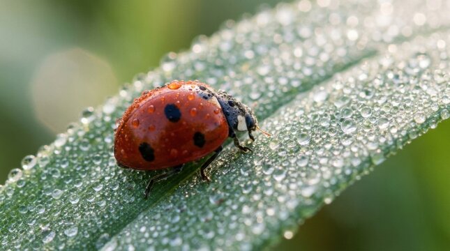 Ladybug on a Dewy Leaf in Morning Light.
