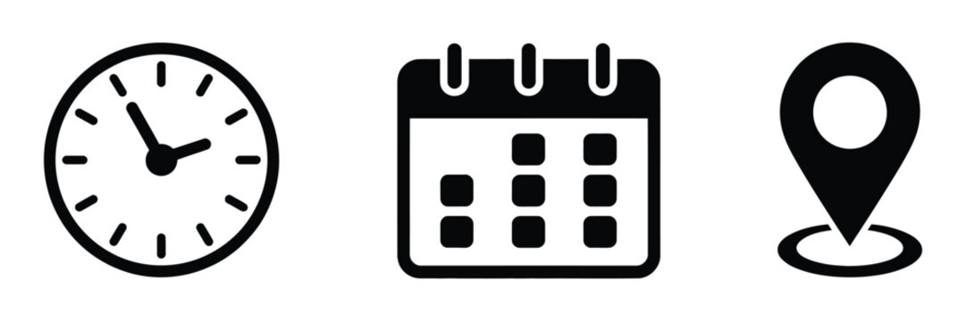 Time date and location vector icon set featuring calendar watch and map marker symbols for invitations, event details, appointments, schedules, and venue information