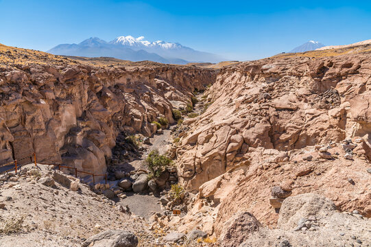 A view down into the wide section of the Culebrillas canyon close to Arequipa, Peru in the dry season
