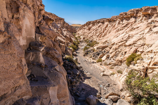 A view descending into the wide section of the Culebrillas canyon close to Arequipa, Peru in the dry season