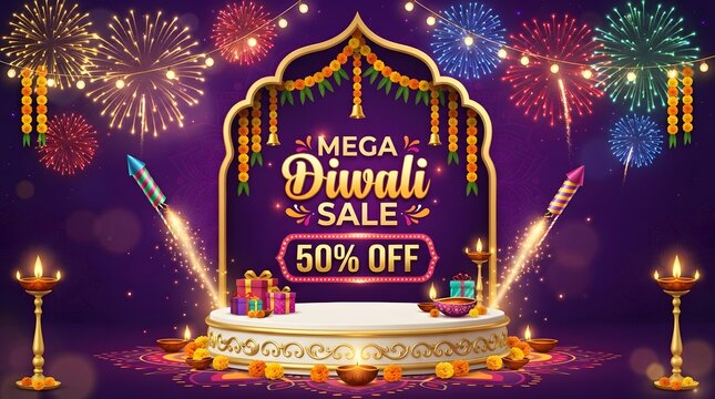Mega diwali sale promotional banner with product display podium, fireworks, marigold garlands, and traditional oil lamps