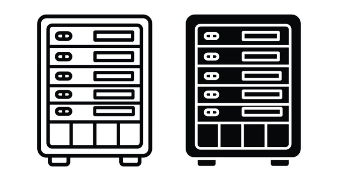 Server rack icon set representing data center storage hosting hardware cloud computing network infrastructure database management system technology equipment web services