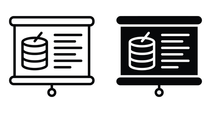 Presentation screen icon showing database storage and data analysis information for business reports and technical project management software interface