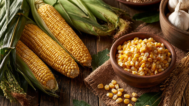 Fresh sweet corn cobs and kernels in a wooden bowl arranged on a rustic table with natural lighting. Perfect backdrop for healthy food recipes and agricultural themes.